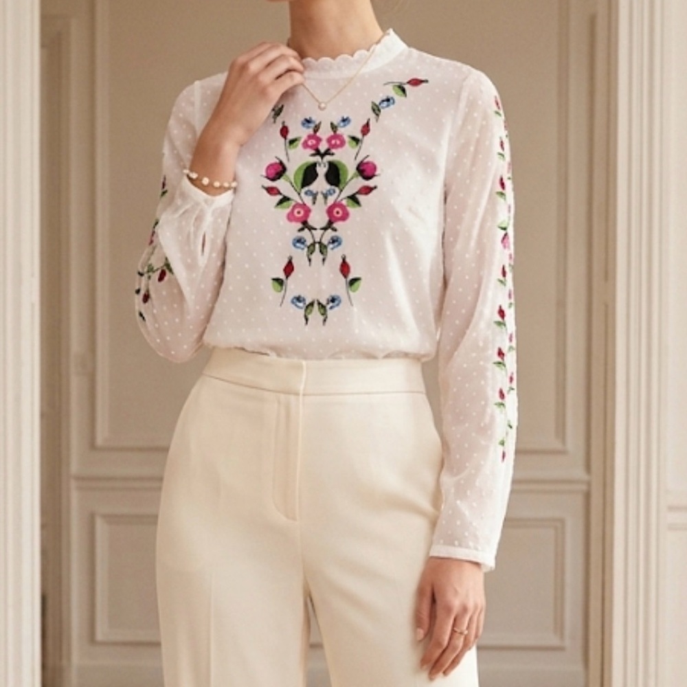 Y.A.S Yasmolia White Swiss Dot Floral Embroidered High Neck Blouse Top Size M